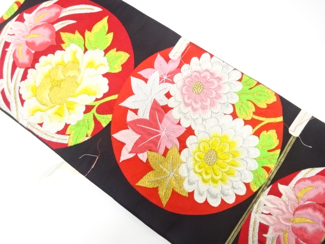 JAPANESE KIMONO / ANTIQUE FUKURO OBI / SILK / WOVEN KIKU & PEONY